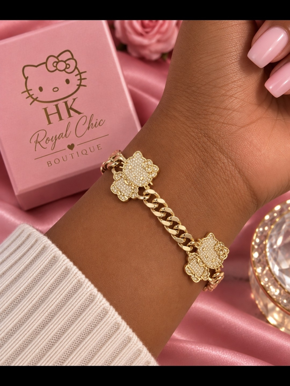 Gold Kitty Cat Charm Bracelet CZ Pavé Gold Tone Jewelry